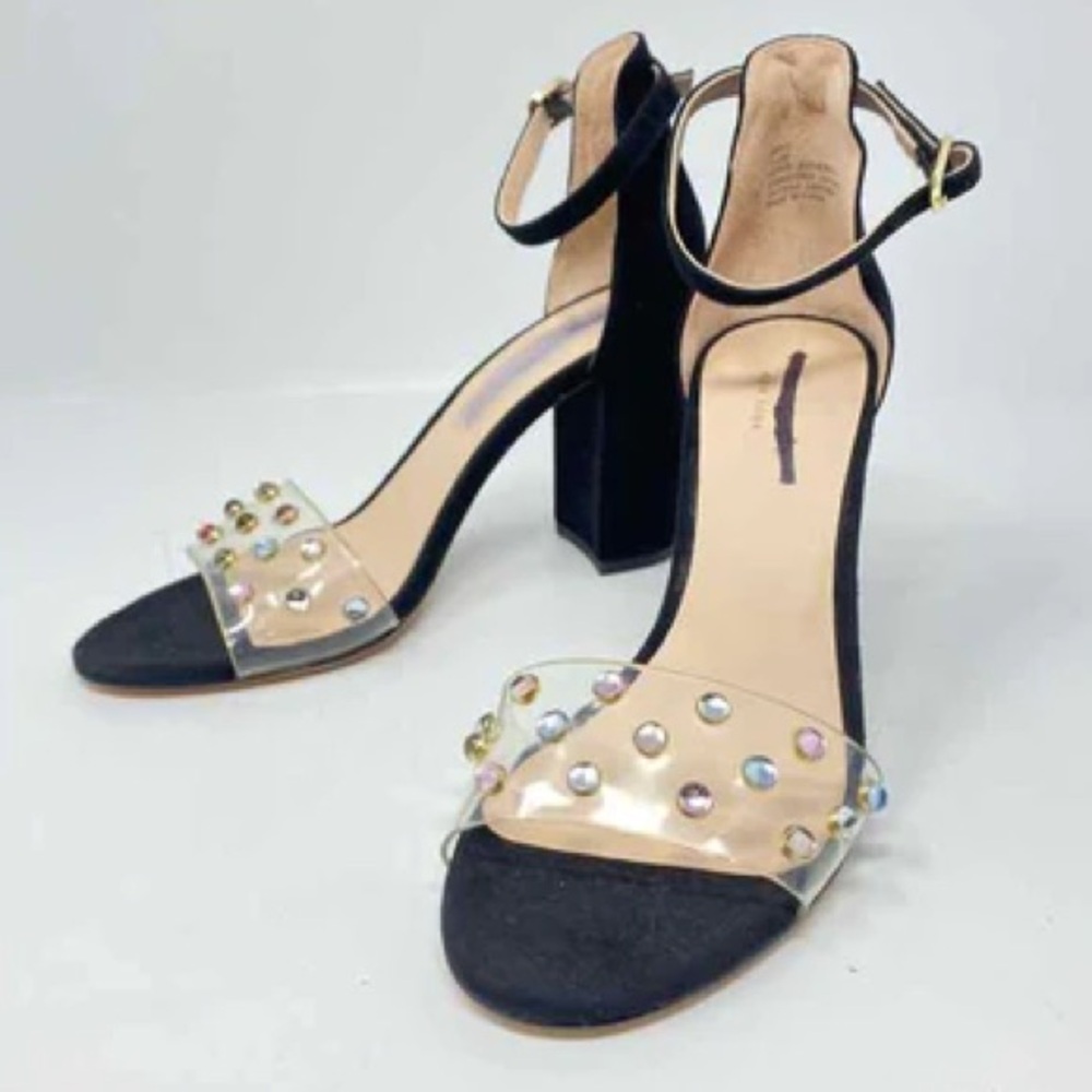 Kate Spade Size 7.5M Marci Heels Black Crystal Accents Ankle Strap Block Heel